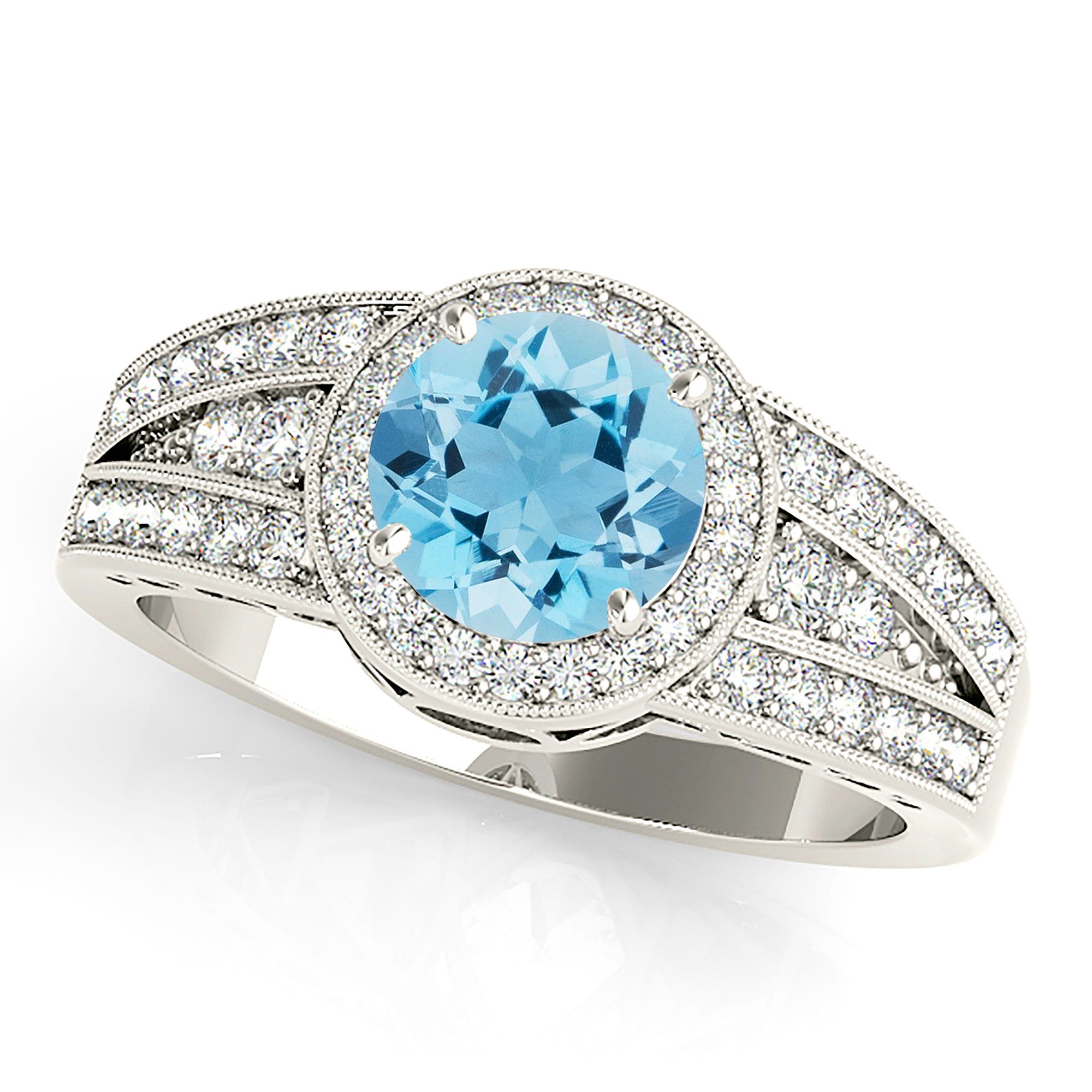 1.10 ct. Genuine Aquamarine Ring With 0.40 ctw. Diamond Halo, Graduating Diamond Band, Hand Carved Gallery| Round Blue Aquamarine Halo Ring-VIRABYANI